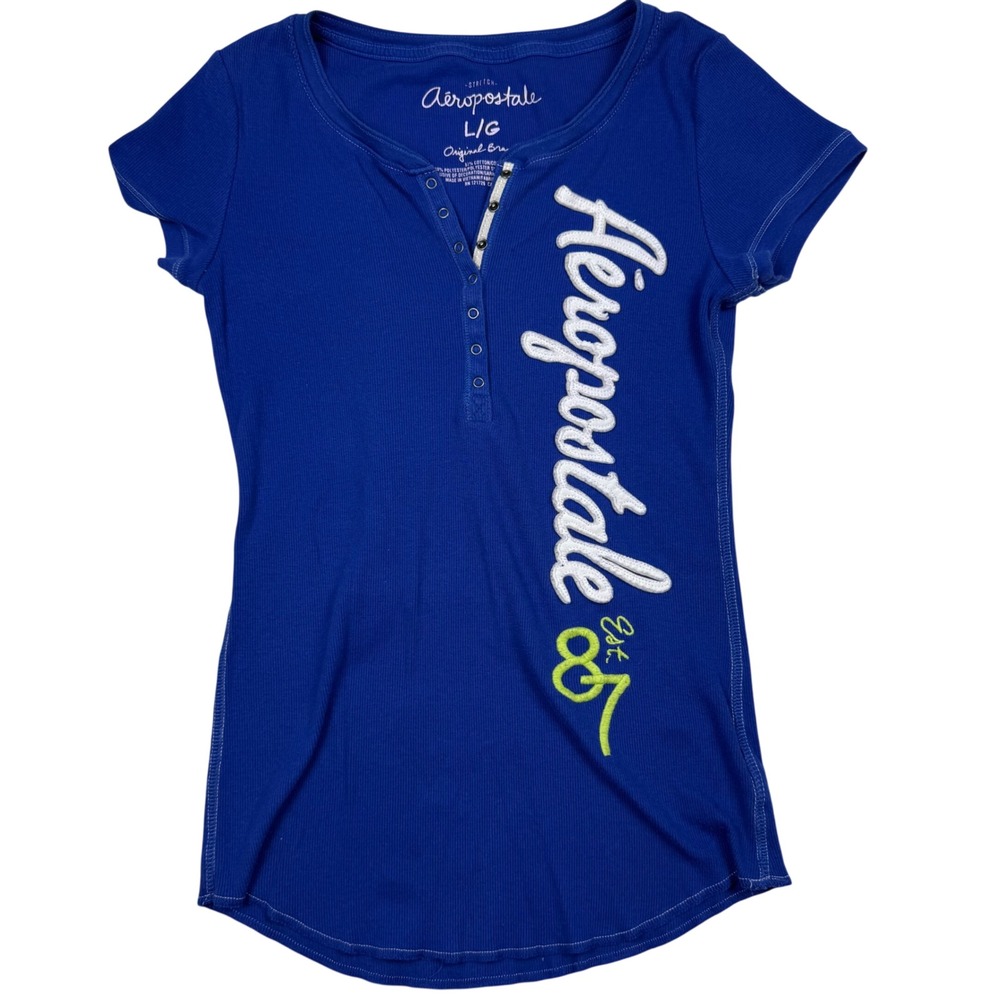Aeropostale Womens Blue Short Sleeve Henley Ribbed Logo Shirt Large H51